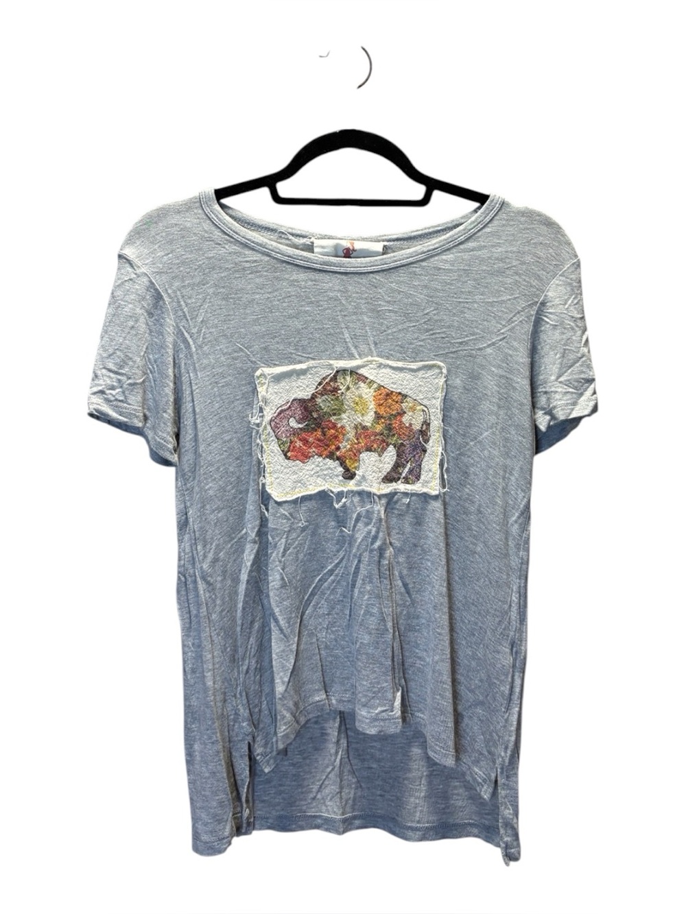Boho Jane Light Blue Short Sleeve Women's Tee with Floral Buffalo Patch